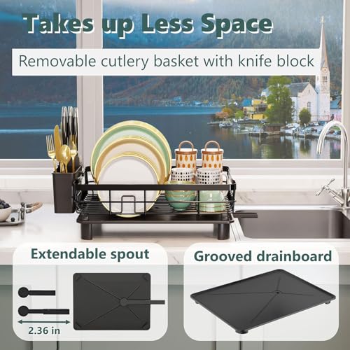 AIDERLY Metal Dish Drying Rack Automatic Drainage, Black, Large