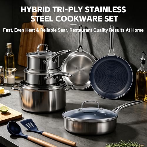 Ammeloo Hybrid Stainless Steel Cookware Set, 17-Piece Tri-Ply Pots and Pans Set Non Stick, Induction Kitchen Cookware Sets, Dishwasher & Oven Safe, PFOA Free, All Cooktops Compatible, Navy Blue