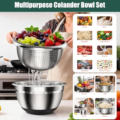 Stainless Steel Mixing Bowls Set with Lids & Silicone Base - 7-Piece Kitchen Gadgets Includes Colander, Grater, Egg Separator, Whisk - Nesting Bowls (1.5, 2, 2.5, 4.5 QT), Dishwasher Safe, Black
