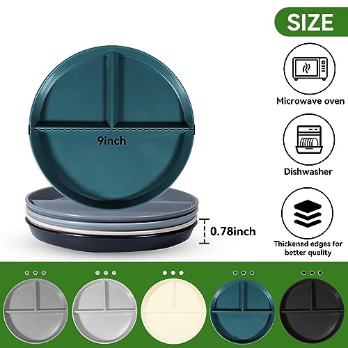 WAYGYMBBD Portion Control Plate For Adults 9 Inch 5Pcs, Round Divided Plates for Adults, 3 Compartment Plates With Dividers，Microwave And Dishwasher Safe
