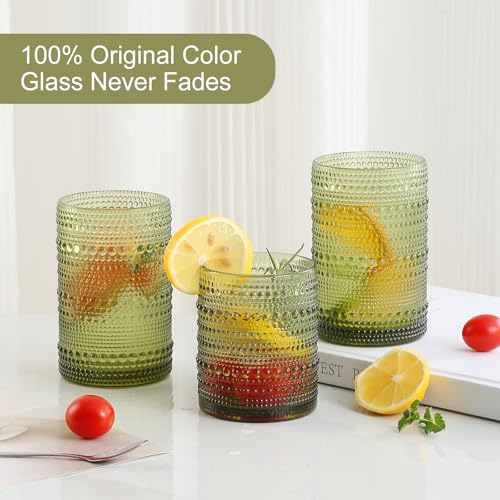 ZMOWIPDL Vintage Hobnail Drinking Glasses Set of 8,Green 12 oz & 15oz Highball Glass Cups, Kitchen Drinkware Glassware,Embossed Water Tumbler,for Beer,Cocktail,Whiskey,Juice and Various Mixed Drinks