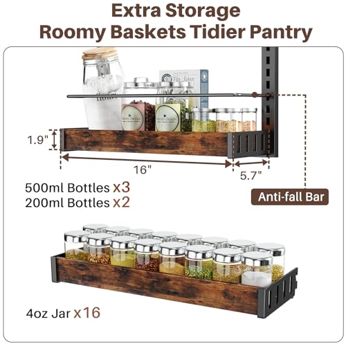 8 Tier Over The Door Pantry Organizer, 2 IN 1 Wall Mount or Metal Hanging Spice Rack for Pantry Organizers and Storage, Seasoning Shelves，Adjustable Basket with Hooks for Kitchen Cabinet and Closet