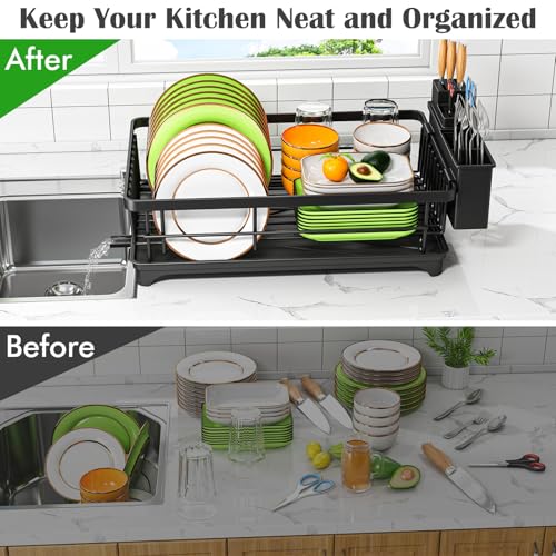 Kmiectse Dish Drying Rack - Space-Saving Small Dish Rack for Kitchen Counter, Rust-Resistant Kitchen Drying Rack, Compact Dish Drainer Organizer with Utensil Holder for Home Kitchen, Black