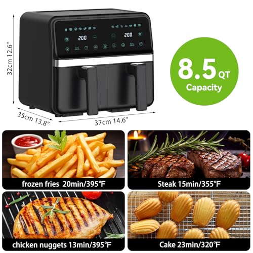 REABELL 4QT+4QT Dual Basket Air Fryer - Digital Touchscreen, Smart Sync Finish,Auto Shutoff, 2 Independent Nonstick Dishwasher-Safe Frying Baskets - 8 Quart Digital Double Air Fryer