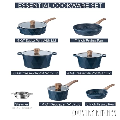 Country Kitchen Non-Stick Cast Aluminum Cookware Set - Durable Kitchen Cookware for Everyday Cooking, Navy Diamond, 11 Pc.