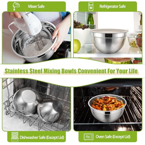 P&P CHEF Khaki Mixing Bowls with Lids, Set of 3, Stainless Steel Salad Nesting Bowl for Mixing, Storing, Prepping, Airtight & Stackable, Size 4.6/3 /1.5 QT