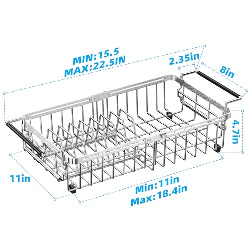 Dolreiik Expandable Over The Sink Dish Drying Rack, Anti-Rust Stainless Steel in Sink Dish Drainer with Cutlery Holder, Counter Space Saving Sturdy Sink Drying Rack for Many Kitchen Drain Task