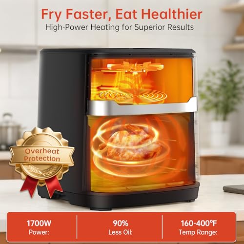 VUSIGN Air Fryer 6.8QT, 10-in-1 Functions Airfryer with Visible Window, 400°F Fast Heating & Adjustable Bottom Heater for Crispier Results, Nonstick & Dishwasher-Safe Basket, 1700W, Black
