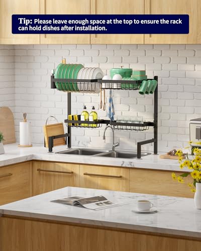 Kitsure Over The Sink Dish Drying Rack - 26.8" to 33.9"x21.5", Adjustable Sink Drying Rack for Kitchen Sink with Large Capacity, 2-Tier Dish Rack Over Sink with Multifunctional Baskets, Black