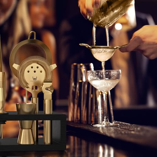 Highball & Chaser Bartender Kit with Black Bamboo Stand Beautiful Cocktail Shaker Set and Bar Tools Stainless Steel Boston Shaker Bartender Kit with Stand (Antique Gold)