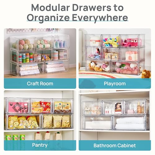Vtopmart 4 Pack Clear Stackable Storage Drawers 15QT, Easily Assemble Closet Organizers,Plastic Storage Bins for Bathroom,Cabinet,Kitchen Pantry,Under Sink Organization(Medium)