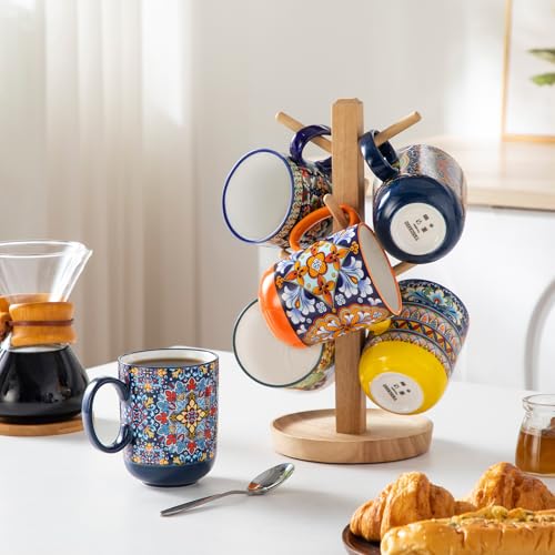 vancasso Simi Boho Coffee Mugs Set of 6, 14 oz Ceramic Mugs with Handle, Colorful Porcelain Cups Microwave Dishwasher Safe, for Latte Tea Cappuccino Cocoa Hot Chocolate