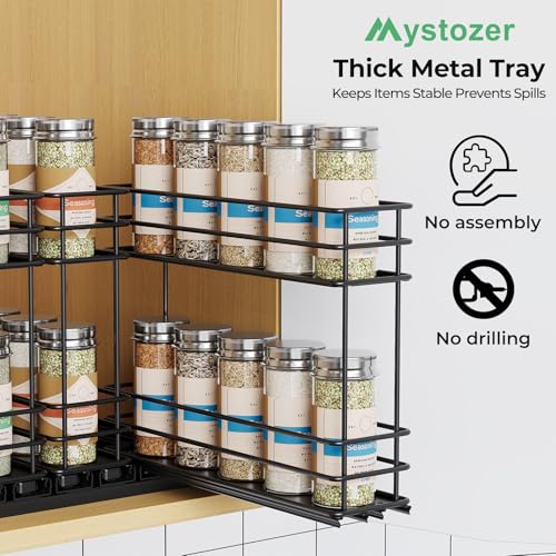 Mystozer Pull Out Spice Rack Organizer for Cabinet, Slide Out Spice Racks, Easy to Install Spice Cabinet Organizers, 7.4" Wx10.43 Dx8.26 H, 3 Drawers 2 Tiers(Black)