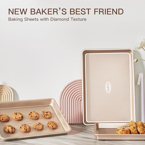 HONGBAKE Baking Sheet Pan Set of 3, Cookie Sheets for Oven, Nonstick Half/Quarter/Jelly Roll Pans with Diamond Texture Pattern, 0.8mm Thick Heavy Duty Cookie Tray, Champagne Gold