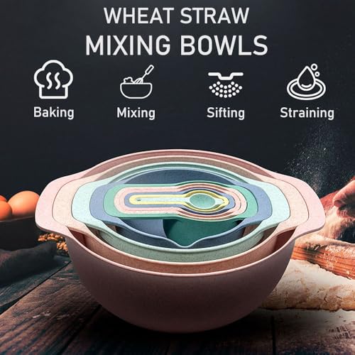 Foni Fox Plastic Mixing Bowls Set 8/10 PCS with Measuring Spoon, Colorful Serving Bowls for Kitchen, Ideal for Baking, Prepping, Nesting Bowls for Space Saving Storage (Wheat)