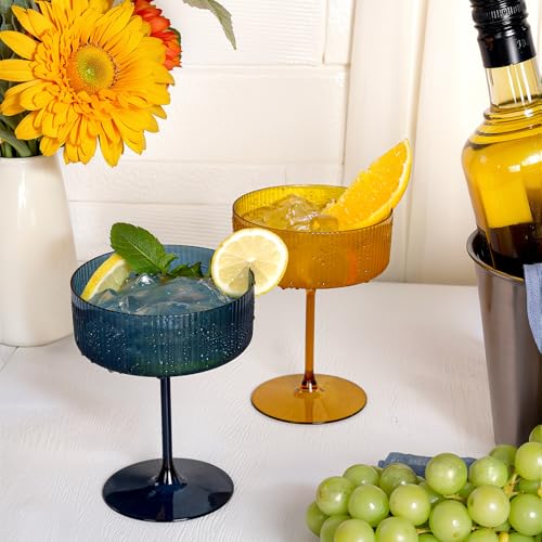 Ciaell 12PCS Plastic Ribbed Martini Glasses - 10 Oz Colored Disposable Coupe Glasses with Stem - Heavy Duty Margarita Cups for Bars, Cocktails, Whiskey, Parties & Wedding