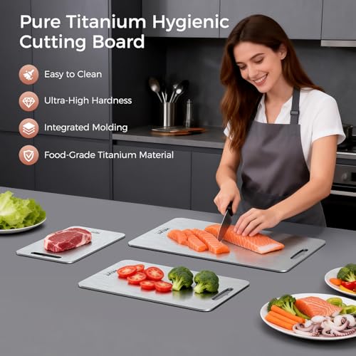 Titanium Cutting Board Set of 3, 100% Pure Titanium Cutting Boards for Kitchen, Non-Toxic, Double-Sided Chopping Boards for Raw & Cooked Food, Handles Included, Dishwasher Safe(M+L+XL)