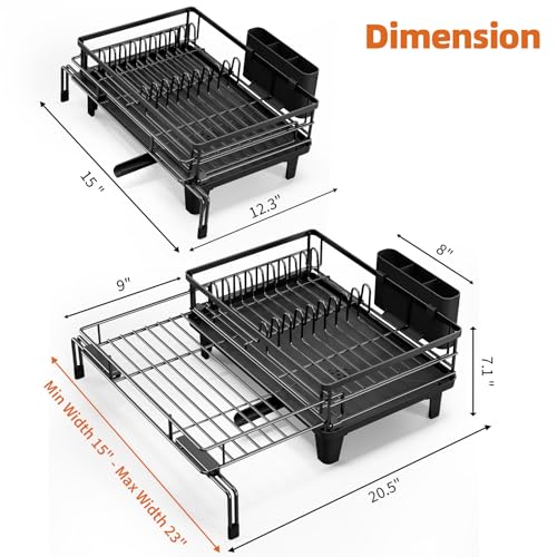 Urackify Dish Drying Rack - Large Dish Racks for Kitchen Counter, Extendable Sink Dish Drainer, Rustproof Dish Strainer with Utensil Holder, 1 Tier Black