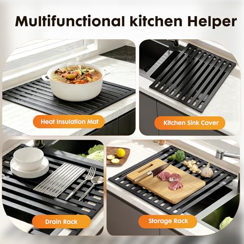 Volminex Foldable Over Sink Dish Drying Rack, Extra Wide & Thick Rust-Proof Aluminum Sink Cover for Counter Space, Collapsible Dish Drying Rack Fits Most Kitchen Sinks (Black, 17.7“x13.6)