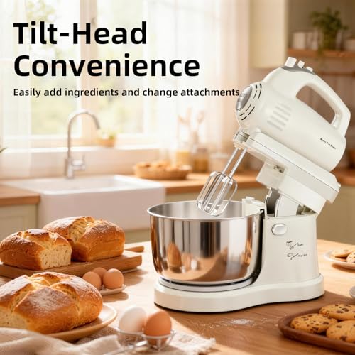 Vikaluz 3.2QT 2-in-1 Stand Mixer, Electric Kitchen Mixer with Auto-Rotating Bowl & Tilt-Head, 5-Speed 250W Turbo Baking Machine for Beginners with Beater & Dough Hook for Cookie, Bread, Cake (White)