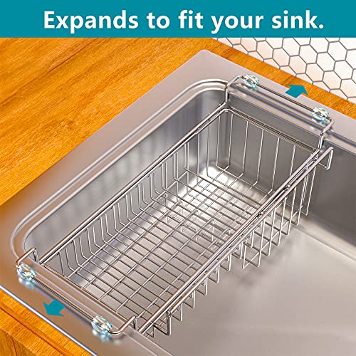 FavoThings Over the Sink Caddy, Expandable Stainless Steel Sponge Holder for Kitchen Sink, 14.5-22 in Sink Organizer Rack for Sponge, Soap, Brush, Dish Cloth and Rag, Rust-Resistant Drying Holder
