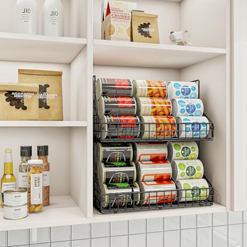 JKsmart 2 Pack Stackable Can Rack Organizer for Pantry Storage,Can Dispensers with 4 Adjustable Dividers, 2-Tier Metal Wire Basket Beverage Pop Soda Rack for Kitchen Cabinet Pantry, Black