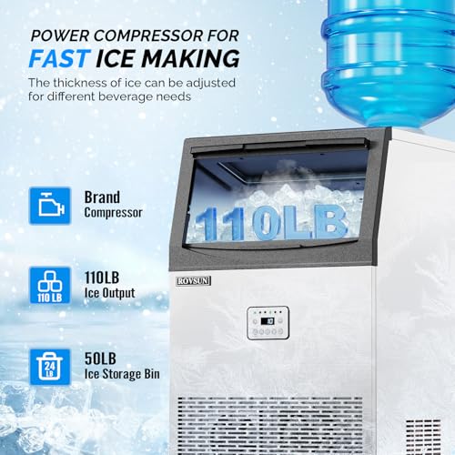 ROVSUN 110LBS/24H Commercial Ice Maker Machine with 50lbs Storage Bin, Freestanding/Countertop Ice Machine with 2 Water Inlets, Ice Scoop & Water Filter for Home Office Restaurant Bar Cafe Use