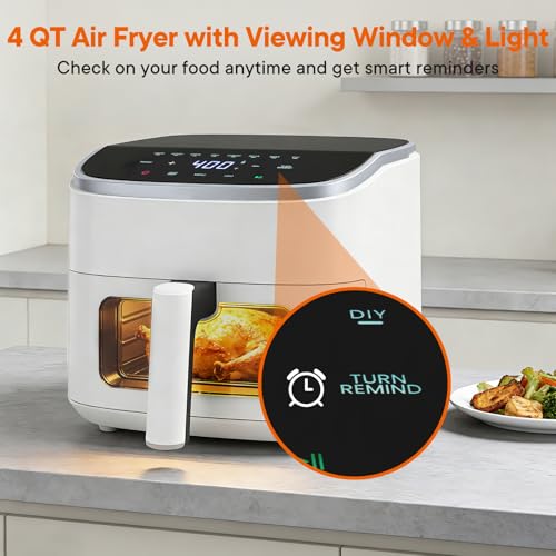 KMFurnila Air Fryer 4QT, Compact Airfryer with Interior Light and Easy View Window, 8 Custom Cooking Presets & Digital Touchscreen, Nonstick Basket for Air Fry, Roast, Broil, Reheat, Dishwasher Safe
