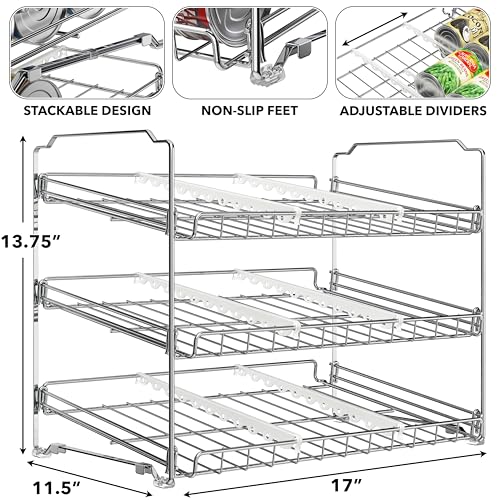 Simple Houseware Stackable Can Organizer Rack for Pantry/Cabinet – 11.5" D x 17" W x 13.75" H, Holds 36 Cans, 3-Tier Can Food Storage Dispenser, Chrome