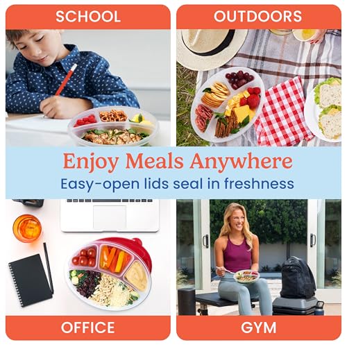 Bentgo Easyboxes 4-Compartment Oval Containers - Patented Design 8-Piece Set; 4 Trays & 4 Fitted Lids Seal in Freshness; Reusable Food Storage & Meal Prep BPA-Free Containers (Classic)