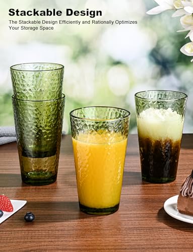 Amyoole Drinking Glasses Set of 8,16oz Green Highball Water Glasses,Stackable Lead-Free Hammered Glass Cups,Kitchen Drinkware Glassware for Cocktail,Beer,Juice,Iced Tea,Margaritas and Mixed Drinks
