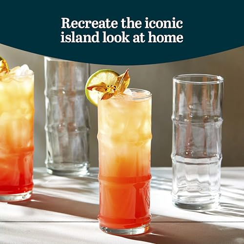 Libbey Tiki Bamboo Highball Drinking Glasses Set of 4, Iconic 16 Oz Tall Cocktail Glasses, Modern Drinking Glass Cups for Backyard and Summer Parties