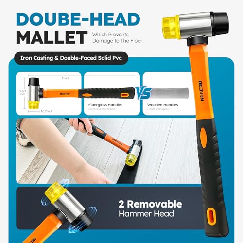 NAACOO Laminate/Vinyl Flooring Tools, Tapping Block for Vinyl Plank Flooring-Double Sided with Notches,10In Contour Gauge, Pull Bar, 40Pcs Floor Spacers,Rubber Mallet. Universal Floor Installation kit