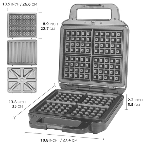 FineMade Belgian Waffle Maker with Removable Plates, Waflera Electrica, Large Waffle Iron, 3 in 1 Panini Grill Press Breakfast Sandwich Maker, Electric Griddle, Grilled Cheese Maker, Breakfast Station