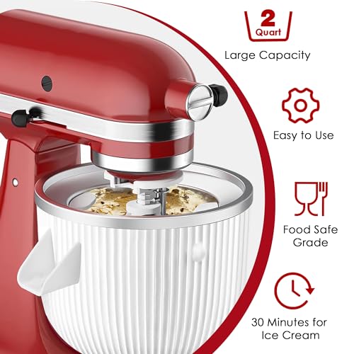 Ice Cream Maker Attachment for KitchenAid Mixers, Fits KitchenAid 4.5/5QT & 6QT Stand Mixers, Frozen Ice Cream & Sorbet Gelato Maker for KitchenAid, 2 Quart, White(Machine/Mixer Not Included)