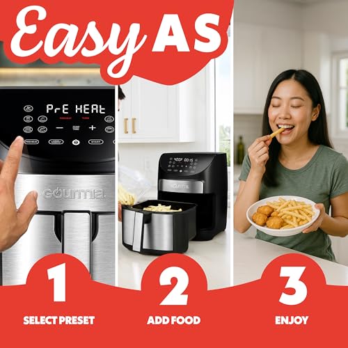 Gourmia Air Fryer - 7 Qt Large Capacity, FryForce360º, Digital Display with 10 Presets, Roast, Bake, Broil, Dehydrate, Dishwasher Safe Accessories, Black
