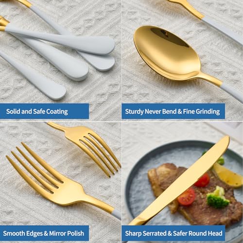 Moxinox 20-Piece White & Gold Silverware Set, 18/0 Stainless Steel Colorful Handle Flatware Set,Service for 4,Modern Cutlery Set Includes Dinner Knives Forks Spoons,Mirror Polished,Dishwasher Safe