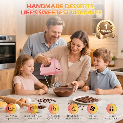 WADODO 7-Speed Electric Hand Mixer – Portable Food Mixer Kitchen Mixer with 304 *(1x Whisk, 2x Beater, 2x Dough hook) for Baking Cakes, Cream, Cookies, LIGHT PINK