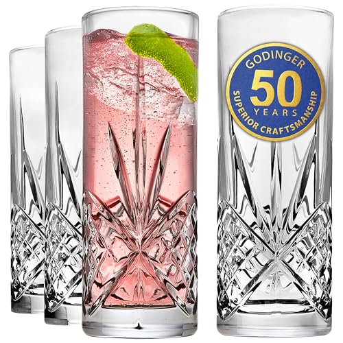Godinger Tall Beverage Glasses Collins All Purpose Drinking Glasses- Dublin Collection, SET OF 4