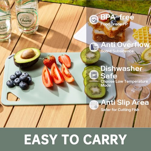 THETCHRY Plastic Cutting Board Set of 3-Cutting Boards for Kitchen BPA Free, Large-Small Chopping Boards Non-Slip for Cooking Camping Dishwasher Safe, Reversible, with Grip Handle, 15"×10"×0.25" Green