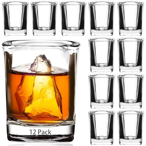 Ruckae 12 Pack 2 OZ Shot Glasses Set Clear Shot Glasses Bulk with Heavy Base Bar Square Glass Shot Cups for Vodka Tequila Whiskey Liquor