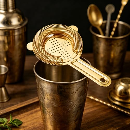 Homestia Gold Hawthorne Cocktail Strainer, Stainless Steel Bar Strainer with Heavy Duty Spring for Shakers & Mixing Glasses, Professional Drink Strainer for Bartenders