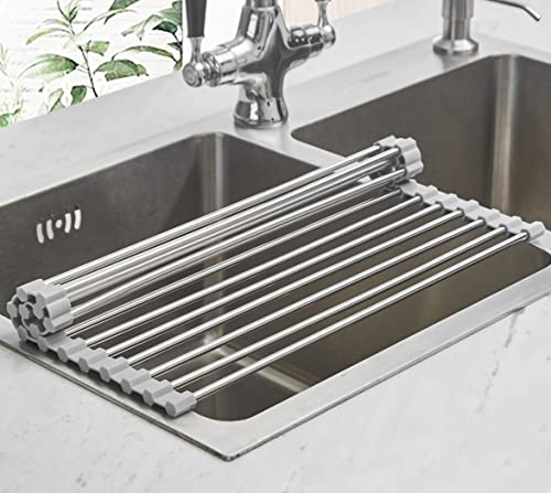 Ahyuan Roll up Dish Drying Rack Over The Sink Kitchen Roll up Sink Drying Rack Portable Dish Drainer Foldable Dish Drying Rack (Warm Gray, 17.8''X11.8'')