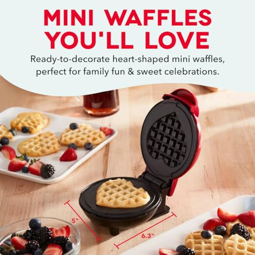 Dash Mini Waffle Maker- Mini Machine for Creative Homemade Treats - Nonstick Iron with Unique Print Design - Stylish Waffle Machine - Red Heart