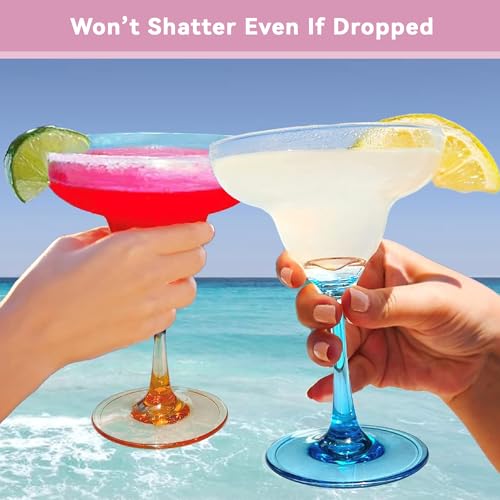 Lily's Home Unbreakable Margarita Glasses with Colored Stems, Set of 4, 10oz Reusable Plastic Stemware, Shatterproof Party Cups for Outdoor Patio, Pool, and Picnic