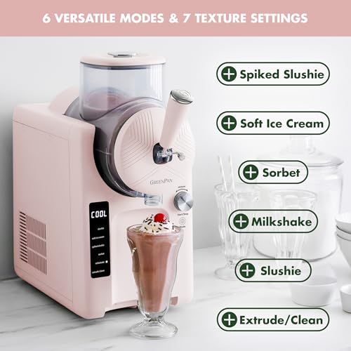 GreenPan Frost Ice Cream Maker & Slushie Machine, Soft Serve, Sorbet, Margaritas, Milkshakes, Frozen Yogurt, No Pre-Freezing, Ready in 15 Mins, 6 Modes, 7 Textures, Self-Cleaning, Family Size, Pink