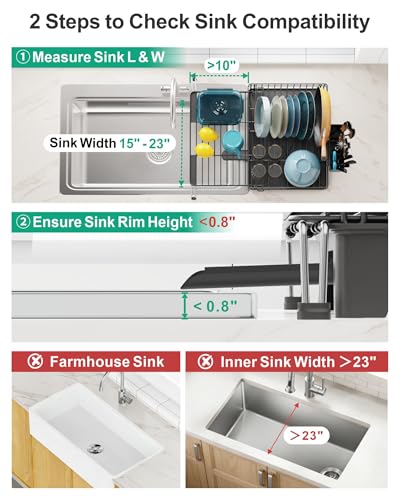 GSlife Expandable Dish Drying Rack for Kitchen Counter, Large Capacity 2-in-1 Rust Resistant Dish Drainer with Swivel Spout and Pull Out Over Sink Extension, 16.7" W x 12.6"-22.4" L, Black