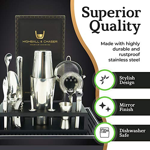 Highball & Chaser 13-Piece Boston Cocktail Shaker Set Stainless Steel Mixology Bartender Kit With Stand For Home Bar Cocktail Set | Laser Engraved Cocktail Tools | Plus E-Book with 30 Cocktail Recipes