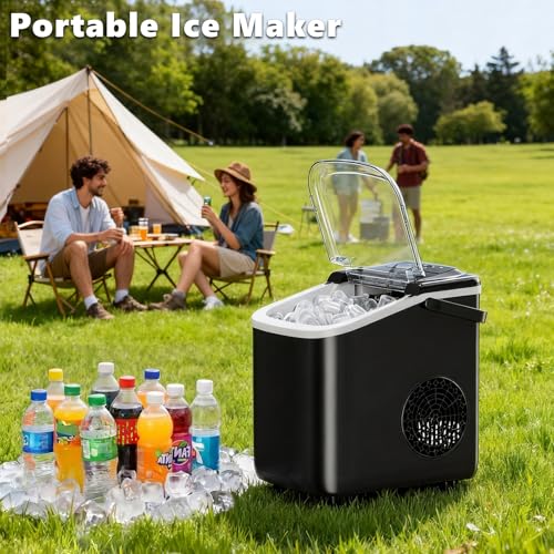 Sweetcrispy Countertop Ice Maker with Scoop, Basket and Handle, Portable Ice Machine 9 Cubes Ready in 6 Mins, 26.5lbs in 24Hrs, 2 Sizes for Home Kitchen Office Bar Party