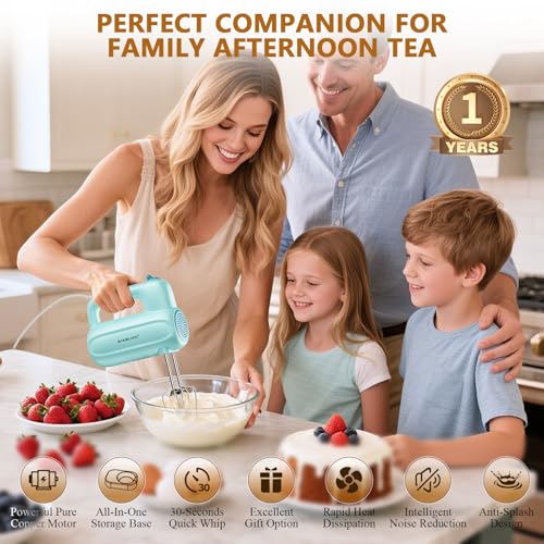 BAIGELONG Hand Electric Mixer, 5-Speed KitchenMixer with 5 * 304 Stainless Steel Attachments + Storage Base, Food Handheld Mixer for Baking, Whipping Cream, Cake Mixing, Blue